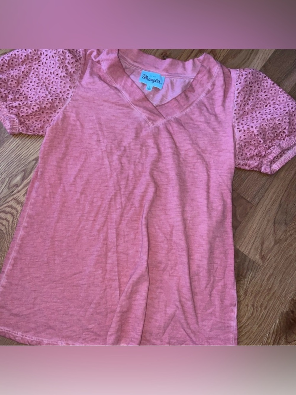 Wrangler Coral Pink Eyelet Sleeve V-Neck Top